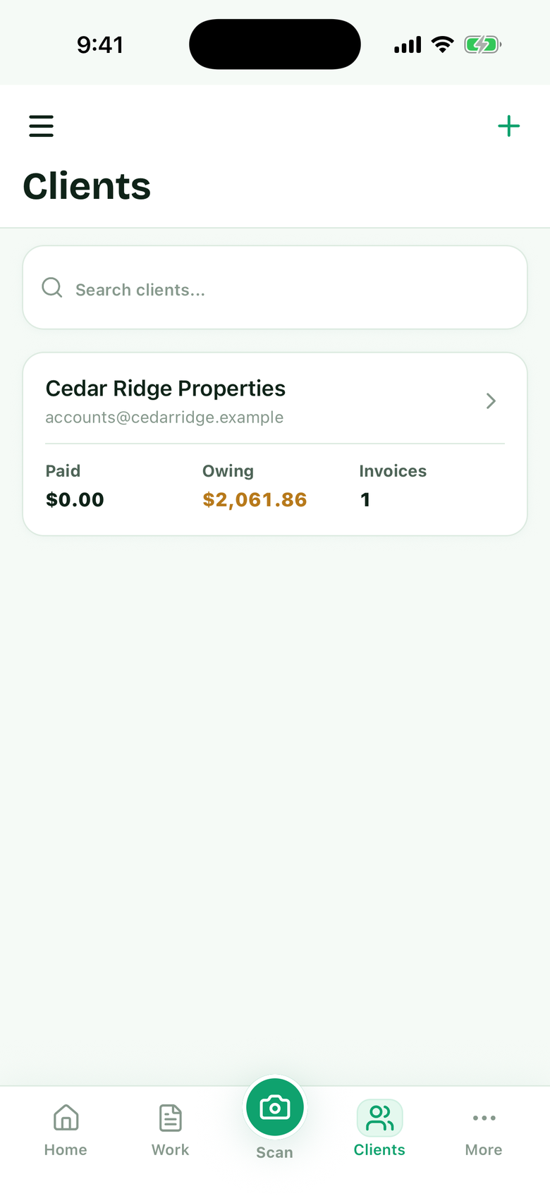 BillingBird clients list showing organized client and job records on iPhone