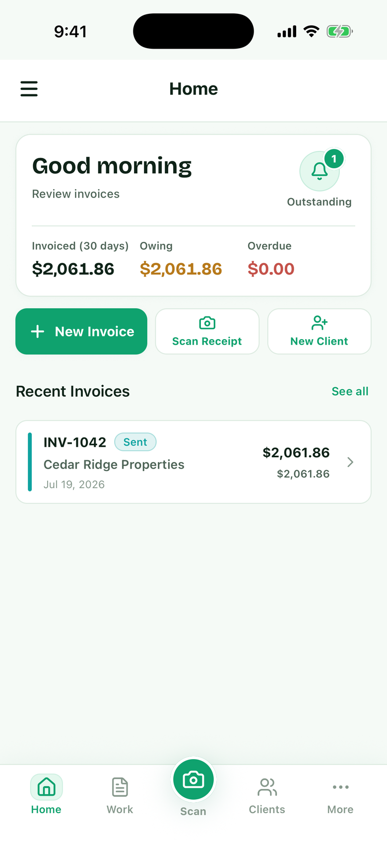BillingBird home screen on iPhone showing Good morning, outstanding balances, and a recent invoice for Cedar Ridge Properties