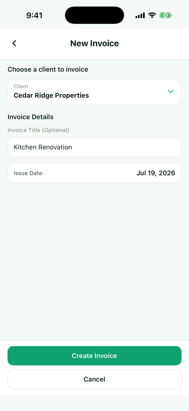 BillingBird new invoice screen showing Cedar Ridge Properties, a Kitchen Renovation title, and the issue date