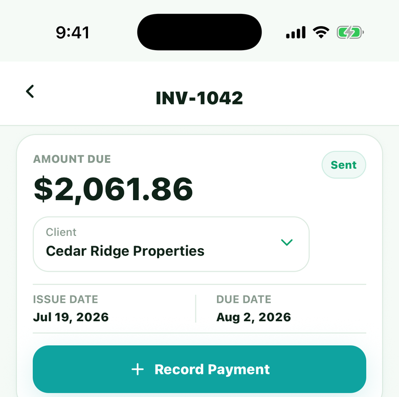 BillingBird invoice detail for INV-1042 showing amount due, client Cedar Ridge Properties, due date, and Record Payment