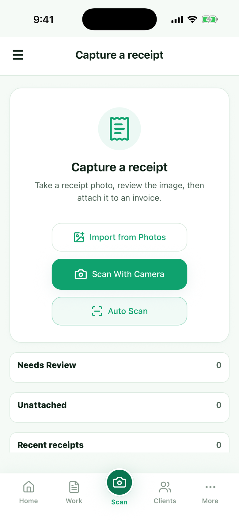 BillingBird receipt capture screen for scanning and attaching a job receipt on iPhone